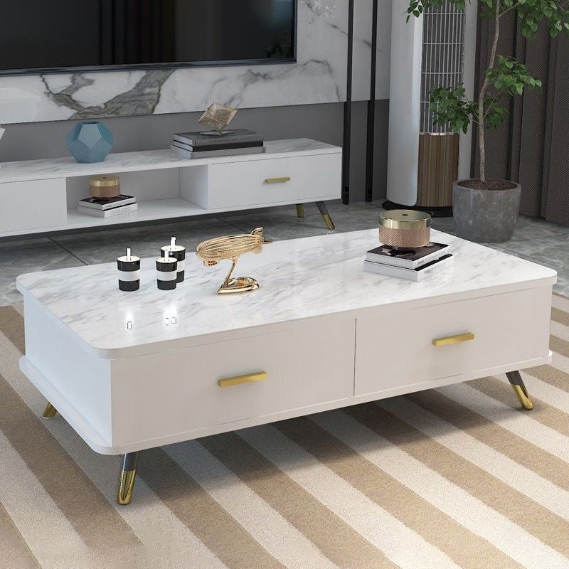 Contemporary Wooden Coffee Table with 4 Legs and 2 Storage Drawers