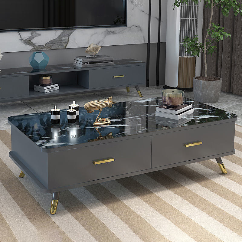 Contemporary Wooden Coffee Table with 4 Legs and 2 Storage Drawers