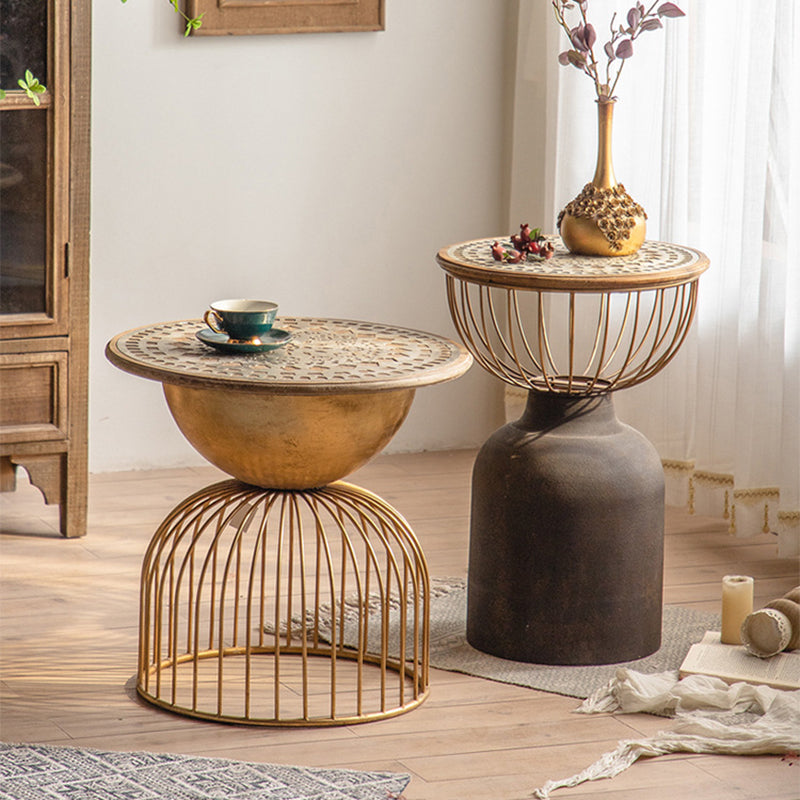 Antique Brass/Black End Table French Country Round Wood Side Table