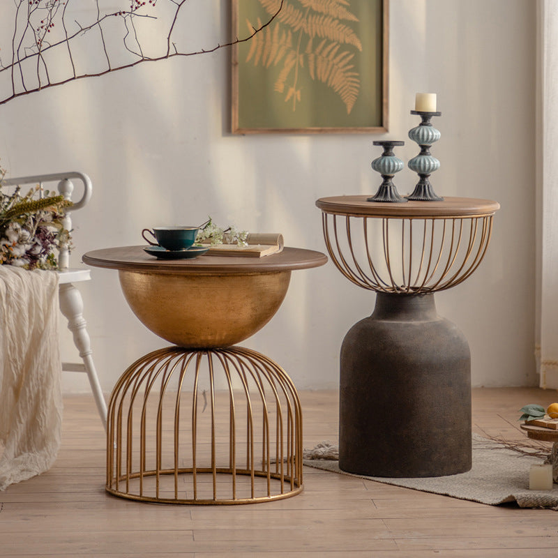 Antique Brass/Black End Table French Country Round Wood Side Table