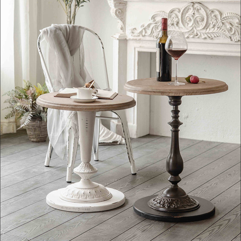 French Country Round Wooden Top Side Table Antique Brown Pedestal End Snake Table