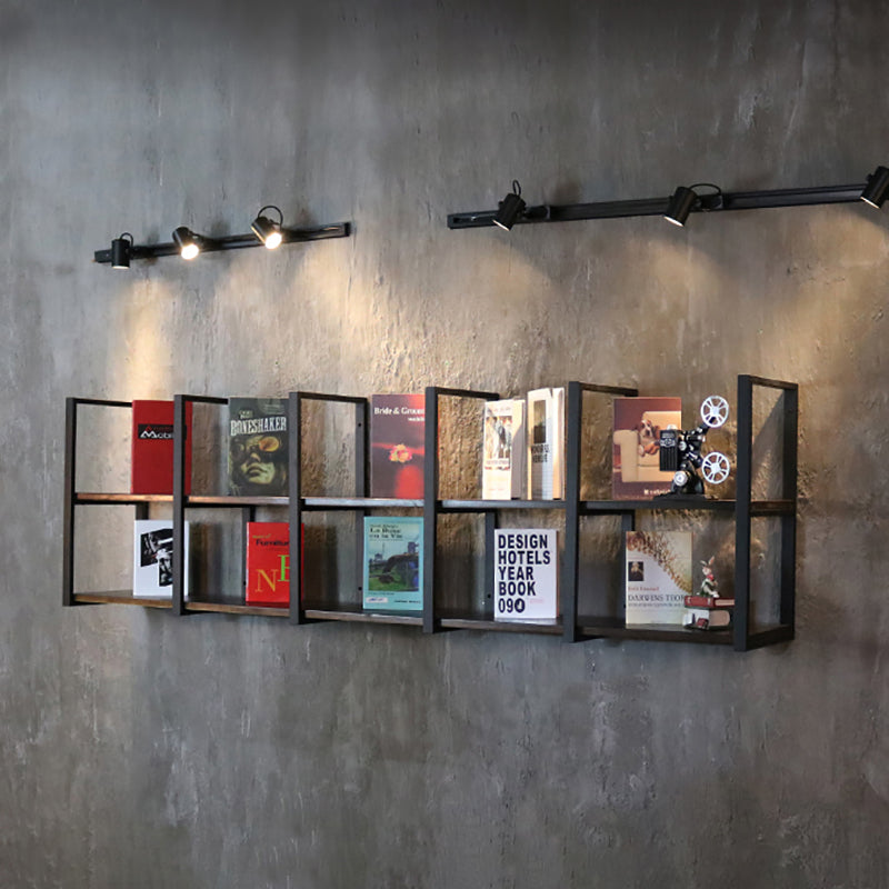 Industrial Wooden Storage Bookshelf Wall Mounted Bookcase with Rectangle Shelves