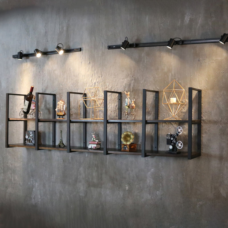 Industrial Wooden Storage Bookshelf Wall Mounted Bookcase with Rectangle Shelves