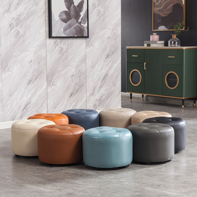 Simplicity Pure Color Ottoman Tufted Faux Leather Water Resistant Round Pouf Ottoman