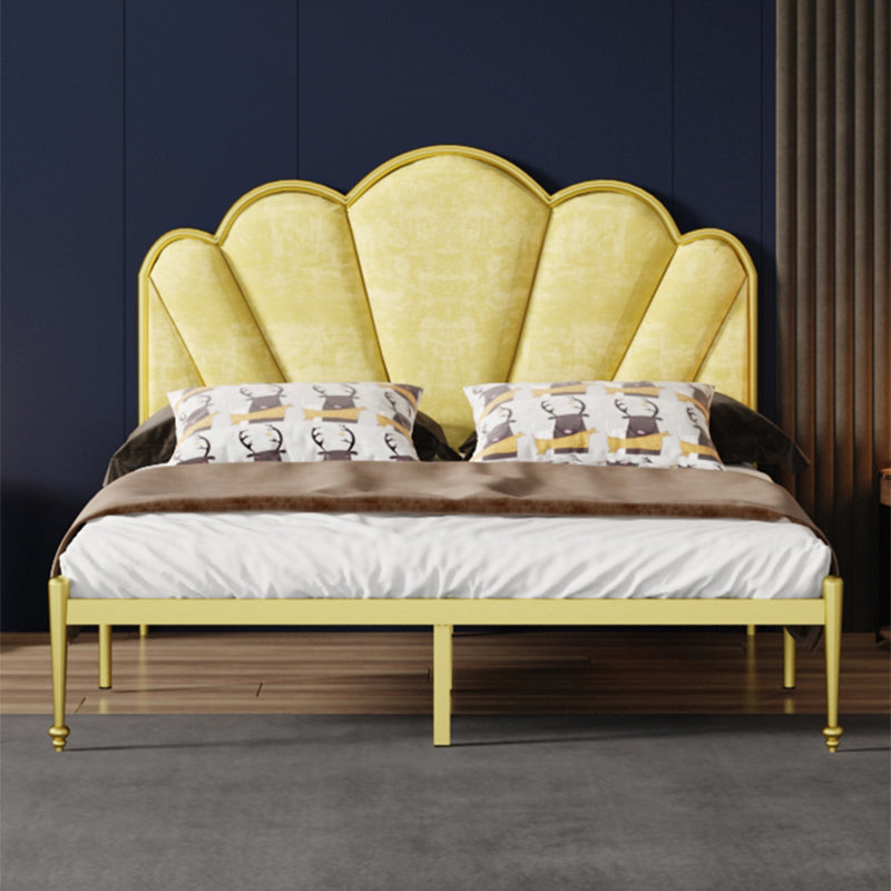 Glam Metal Panel Bed with Fabric Camelback Upholstered Headboard