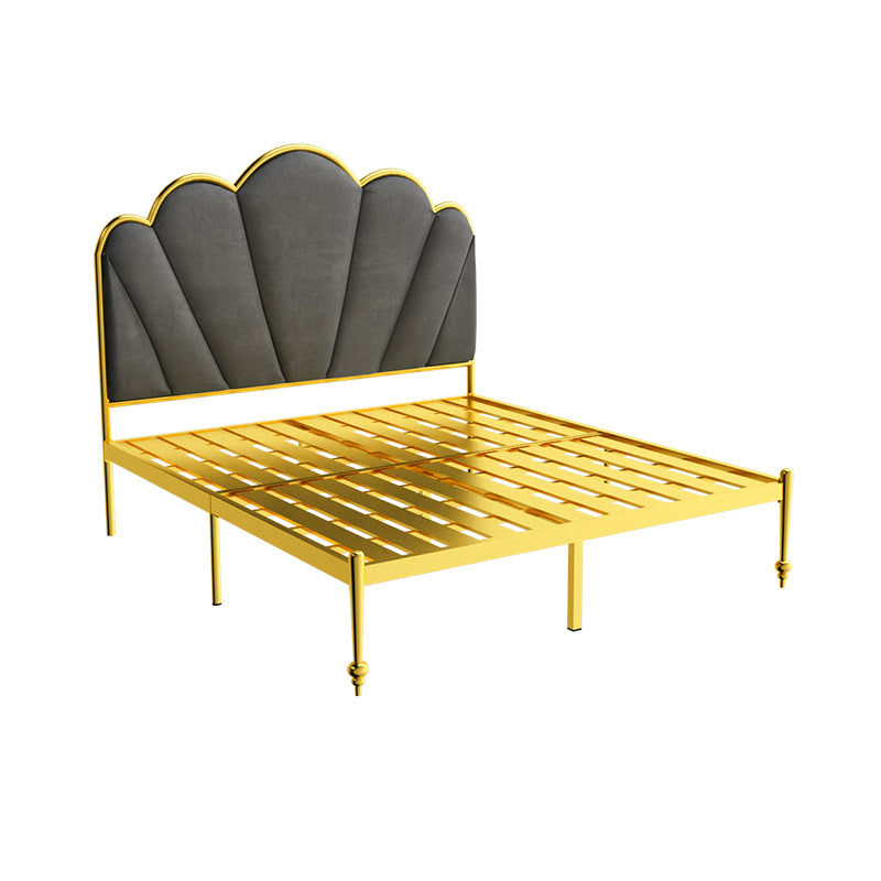 Glam Metal Panel Bed with Fabric Camelback Upholstered Headboard