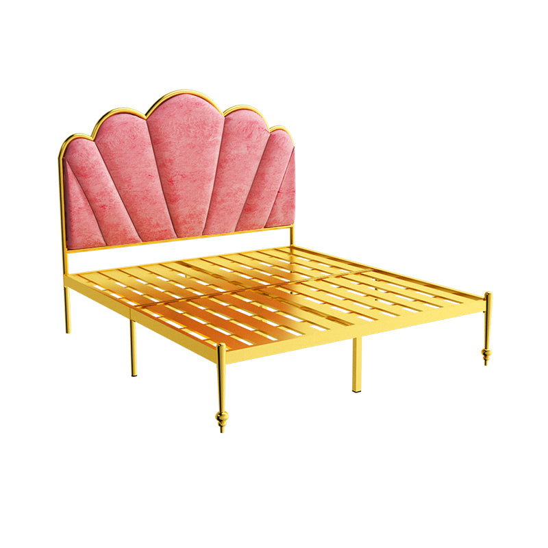 Glam Metal Panel Bed with Fabric Camelback Upholstered Headboard