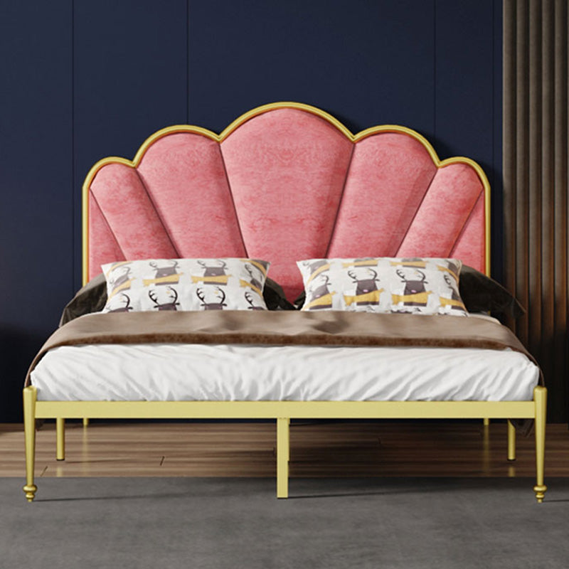 Glam Metal Panel Bed with Fabric Camelback Upholstered Headboard