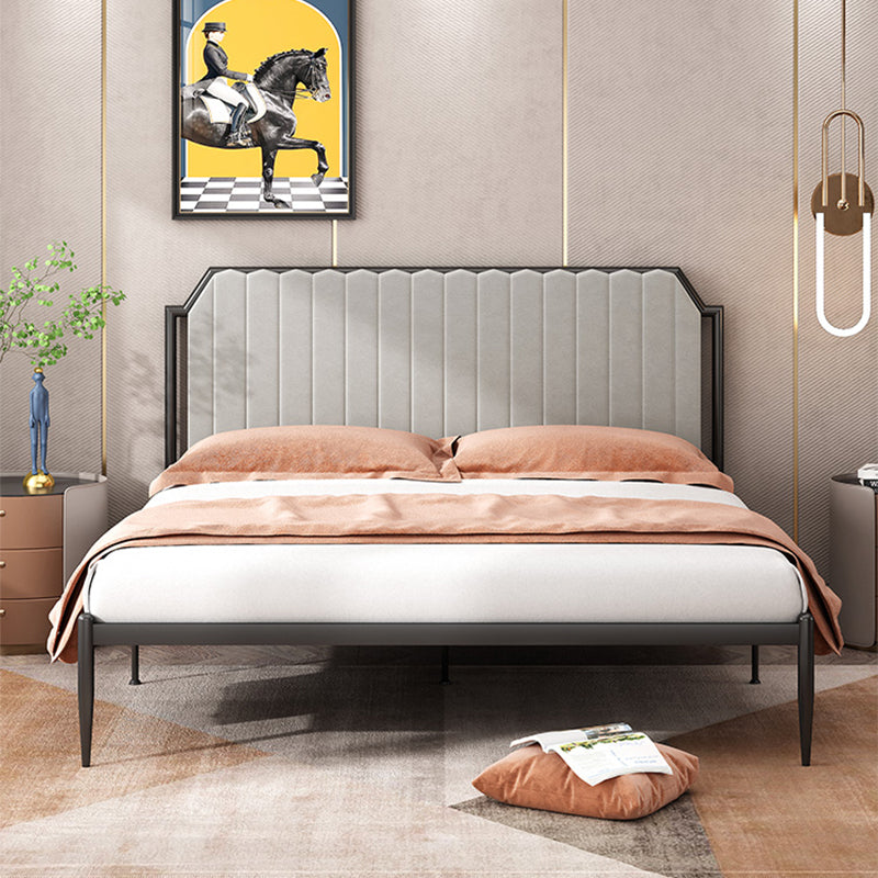 Leather Bed,Queen Metal Frame Panel Bed with Scooped Headboard