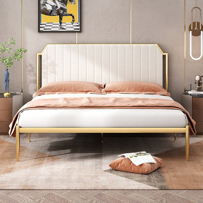 Leather Bed,Queen Metal Frame Panel Bed with Scooped Headboard