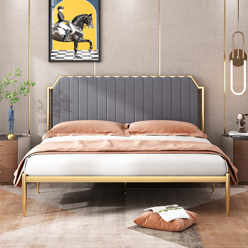 Leather Bed,Queen Metal Frame Panel Bed with Scooped Headboard