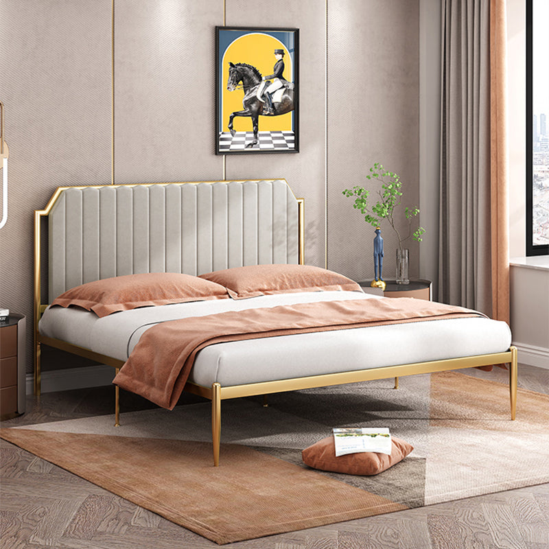 Leather Bed,Queen Metal Frame Panel Bed with Scooped Headboard