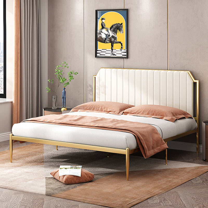 Leather Bed,Queen Metal Frame Panel Bed with Scooped Headboard