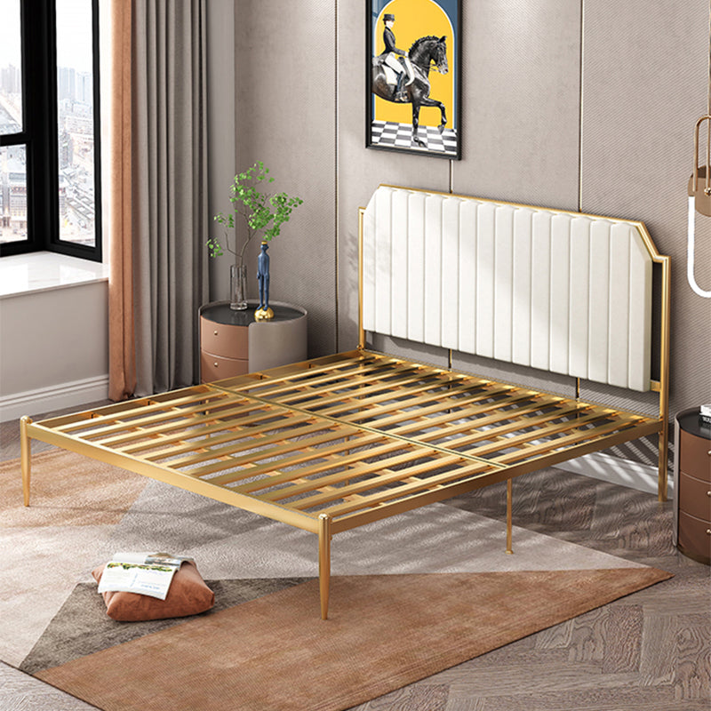 Leather Bed,Queen Metal Frame Panel Bed with Scooped Headboard