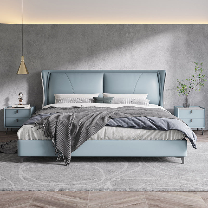 Modern Genuine Leather Panel Bed Pine Wood Bed with Upholstered Headboard