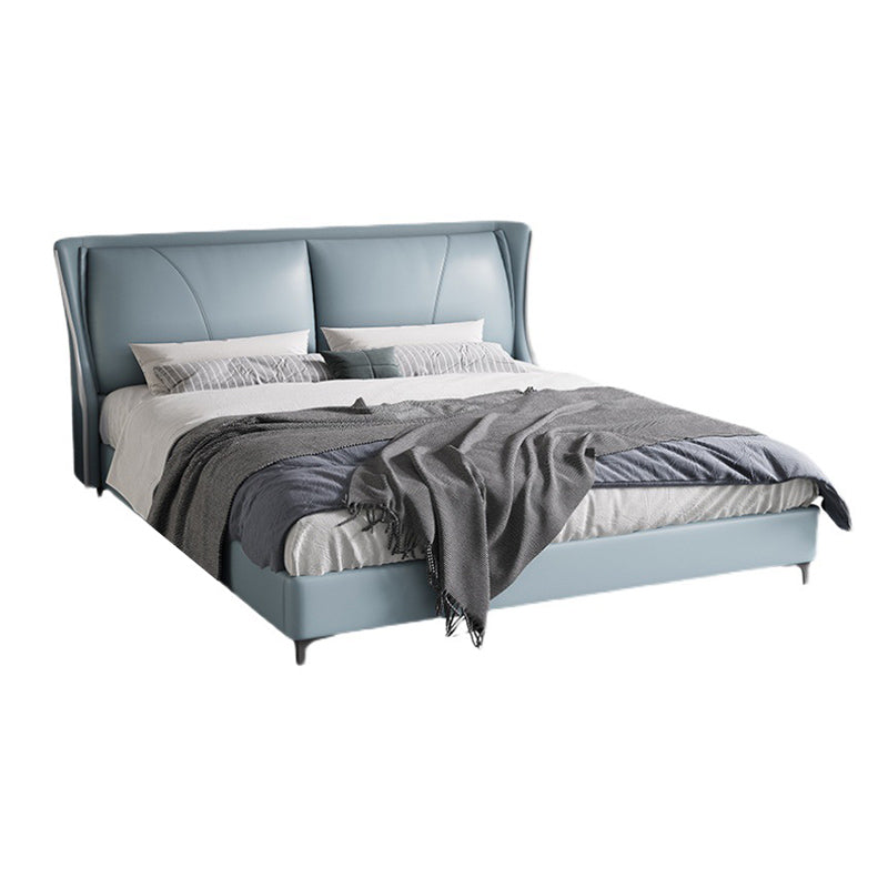 Modern Genuine Leather Panel Bed Pine Wood Bed with Upholstered Headboard