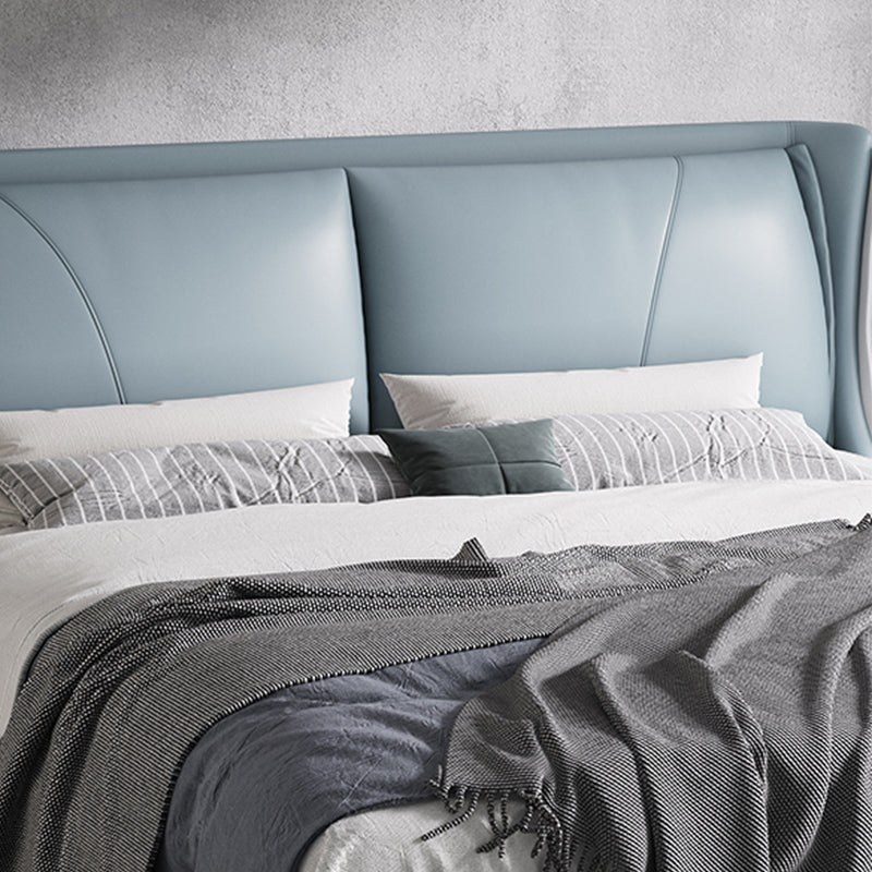 Modern Genuine Leather Panel Bed Pine Wood Bed with Upholstered Headboard