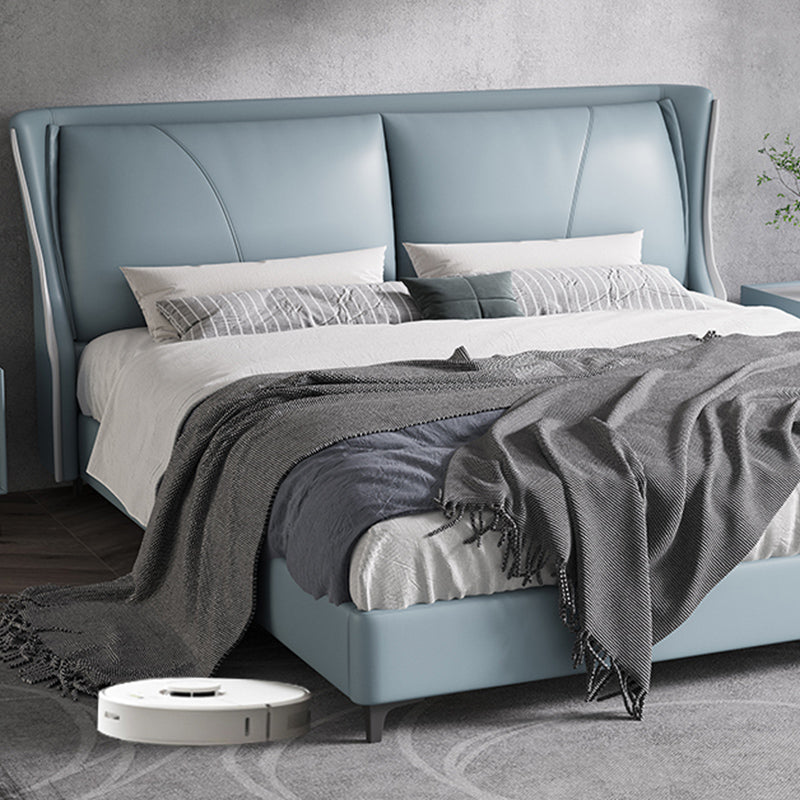 Modern Genuine Leather Panel Bed Pine Wood Bed with Upholstered Headboard