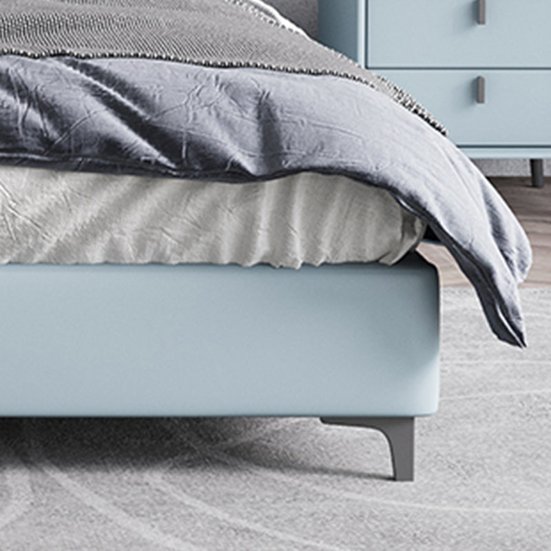 Modern Genuine Leather Panel Bed Pine Wood Bed with Upholstered Headboard