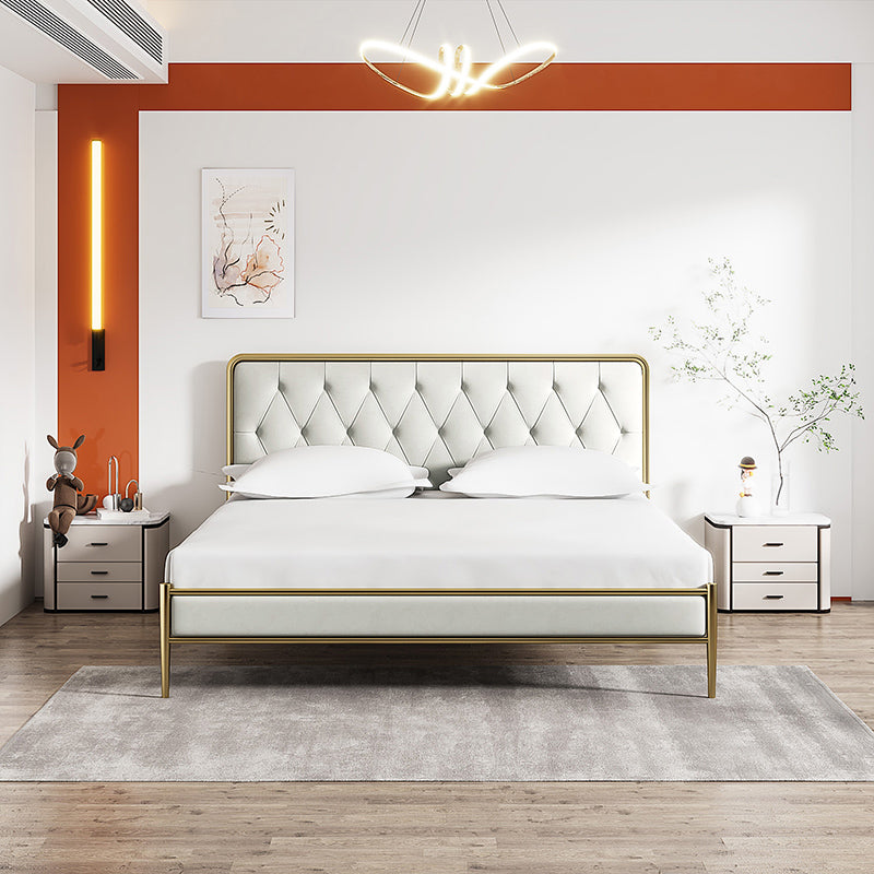 Tufted Upholstered Bed with Headboard Faux Leather Bed with Metal Legs