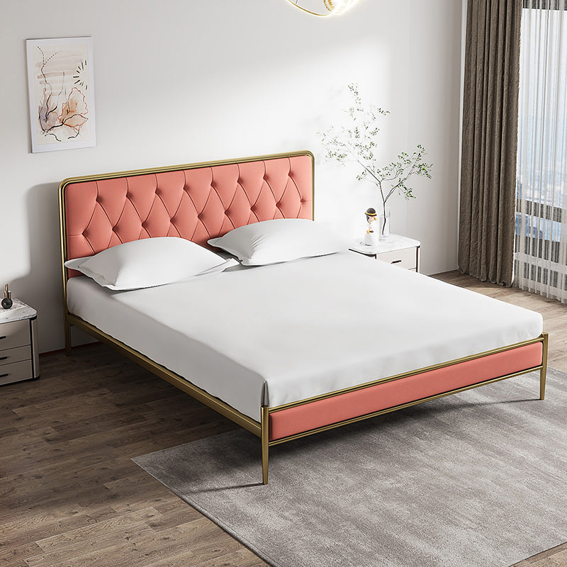 Tufted Upholstered Bed with Headboard Faux Leather Bed with Metal Legs