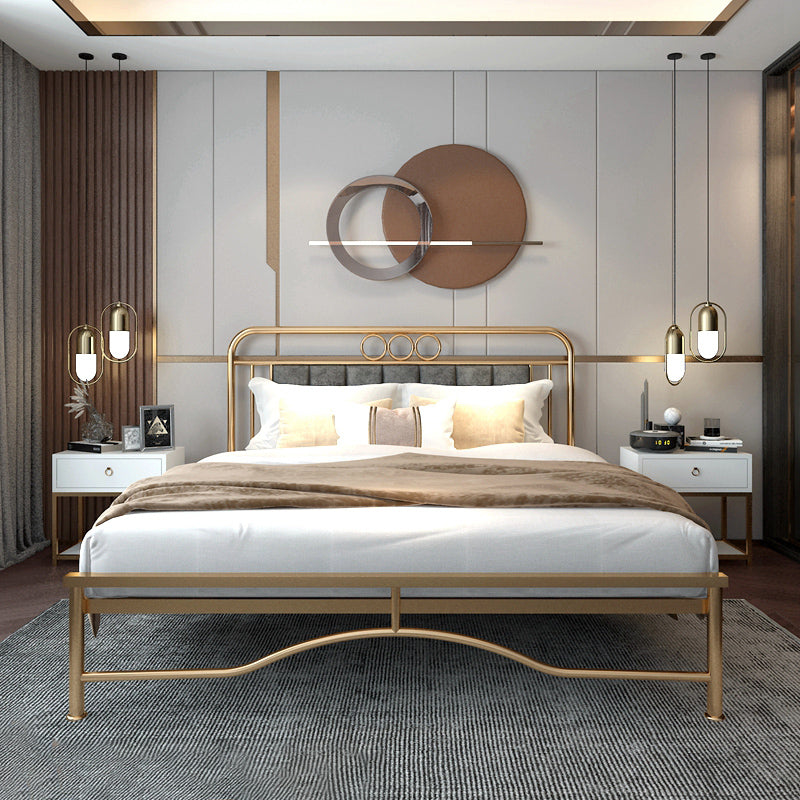 Upholstered Metal Bed in Gold Finish Low Profile Bed with Headboard