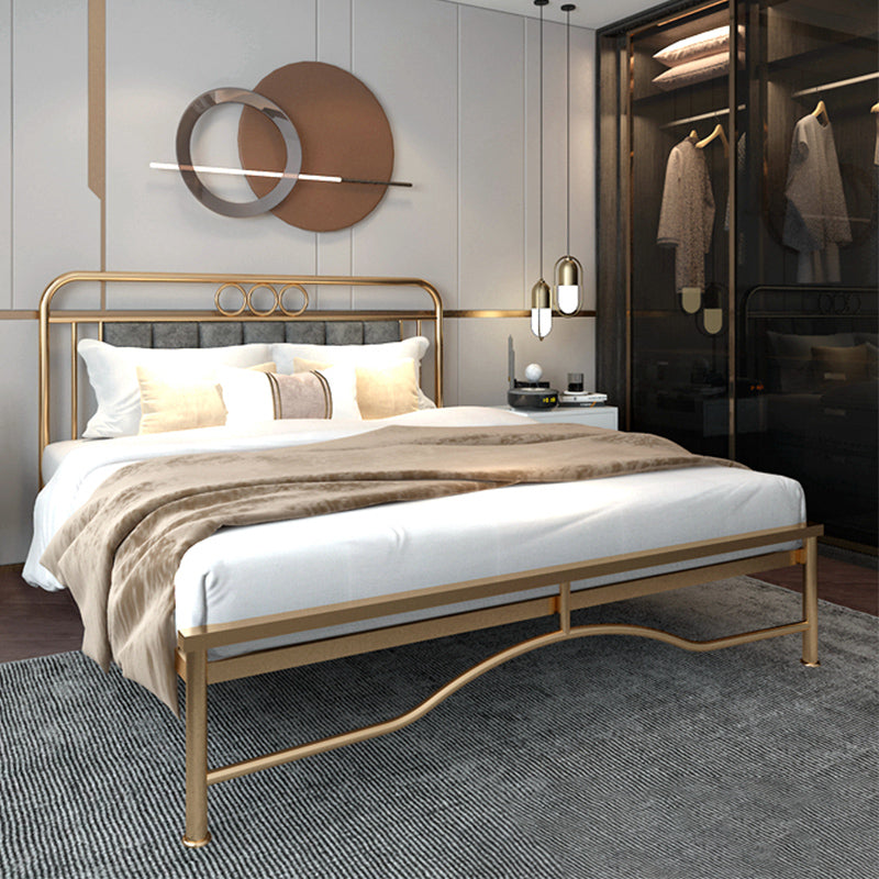 Upholstered Metal Bed in Gold Finish Low Profile Bed with Headboard