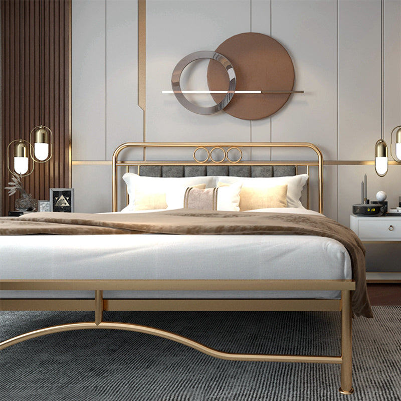 Upholstered Metal Bed in Gold Finish Low Profile Bed with Headboard