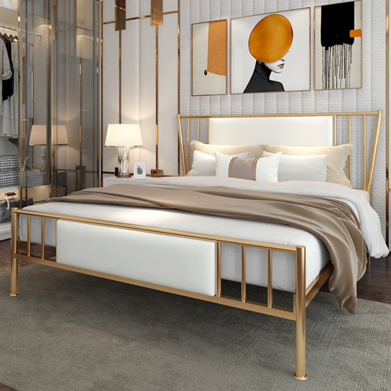 White Upholstered Bed with Headboard Low Profile Bed with Metal Legs
