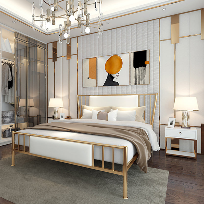 White Upholstered Bed with Headboard Low Profile Bed with Metal Legs