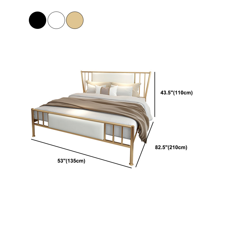 White Upholstered Bed with Headboard Low Profile Bed with Metal Legs