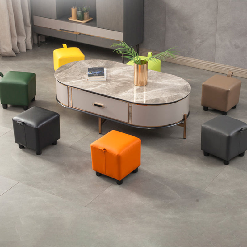 Modern Square Sherpa Pouf Plain PU Leather Water Resistant Couch Footrest