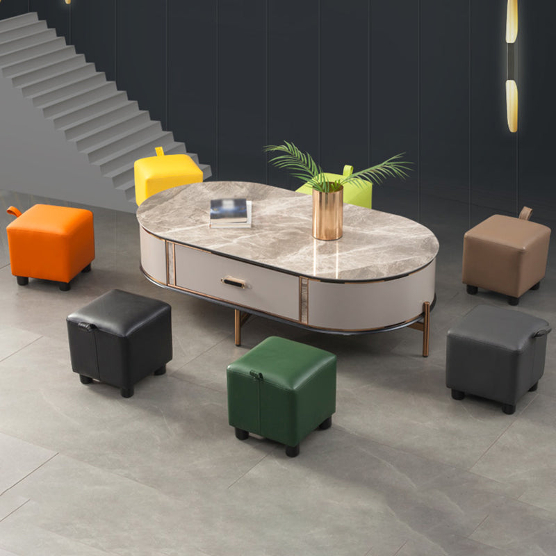 Modern Square Sherpa Pouf Plain PU Leather Water Resistant Couch Footrest