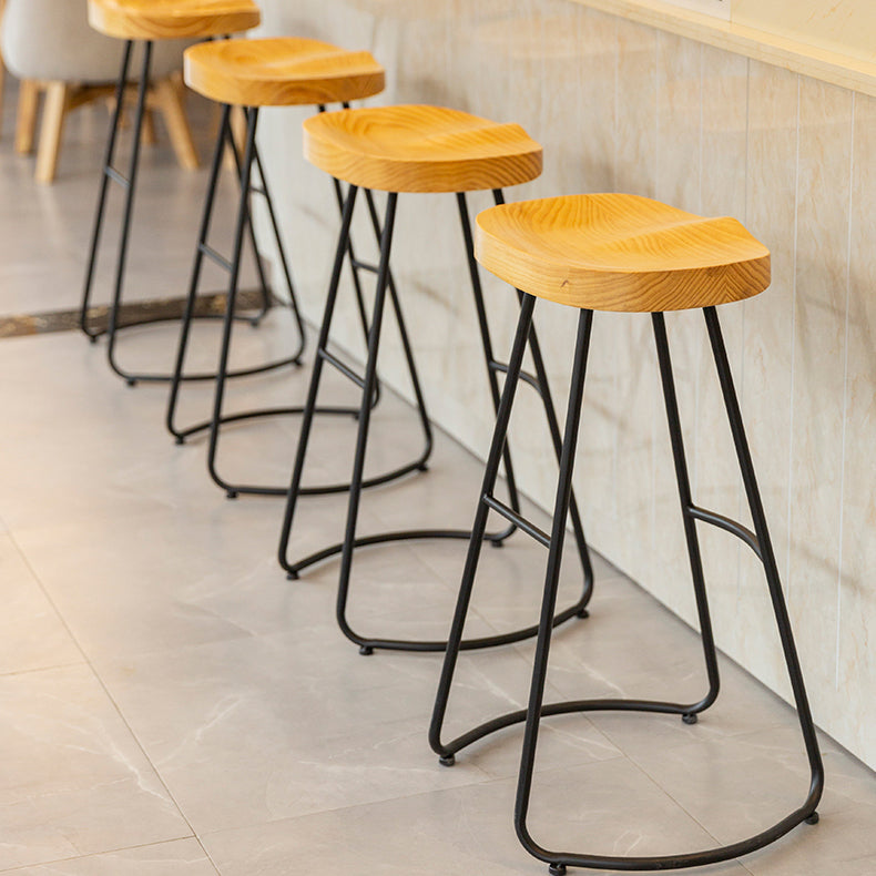 Modern Contoured Seat Pine Solid Wood Bar Stool with Iron Base