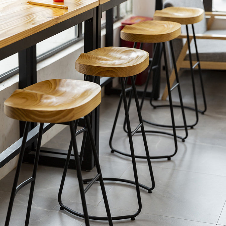 Modern Contoured Seat Pine Solid Wood Bar Stool with Iron Base
