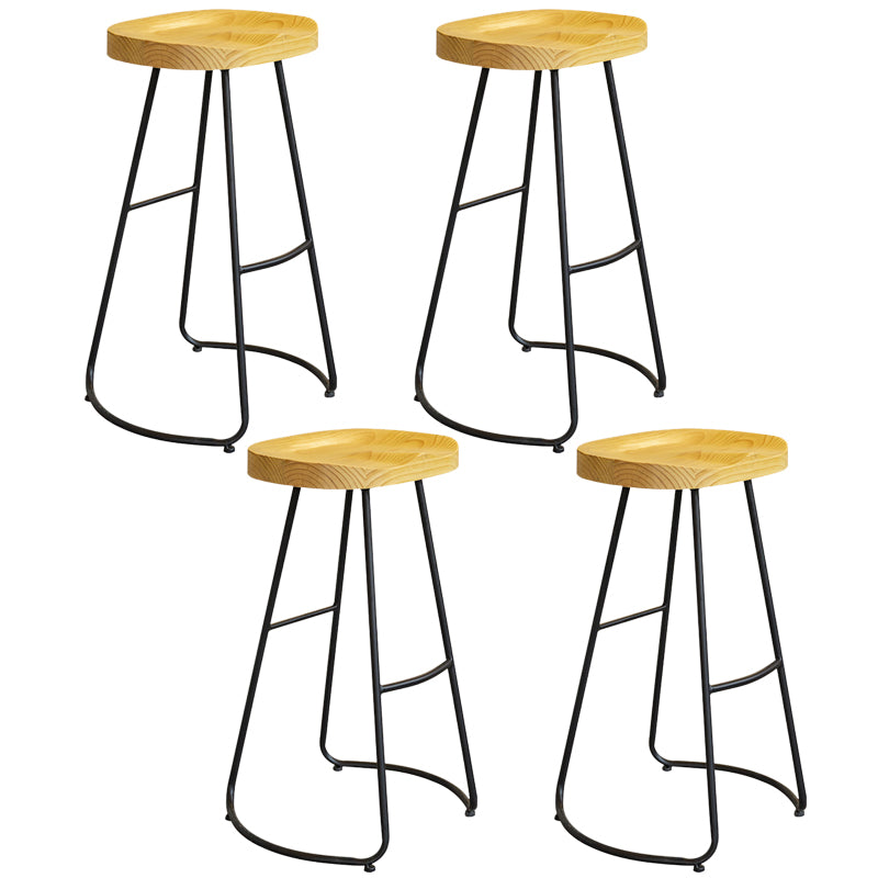 Modern Contoured Seat Pine Solid Wood Bar Stool with Iron Base