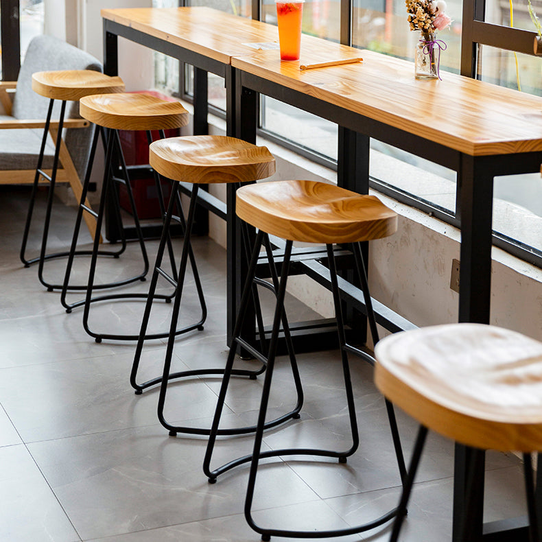 Modern Contoured Seat Pine Solid Wood Bar Stool with Iron Base