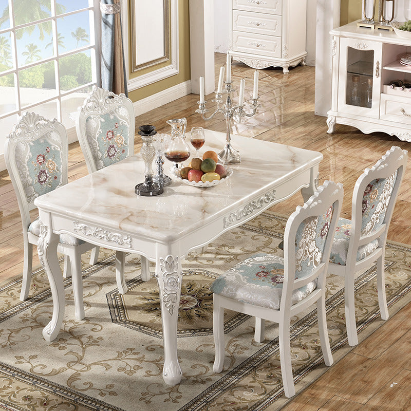 Traditional Luxury Dining Table Rectangle White Dining Table with Wooden Base