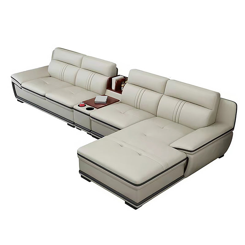 Tufted Pillow Top Arm Sectional Modernism Beige Genuine Leather Sofa&chaise