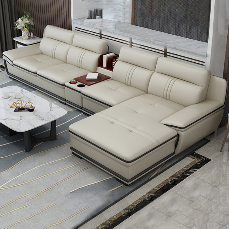 Tufted Pillow Top Arm Sectional Modernism Beige Genuine Leather Sofa&chaise