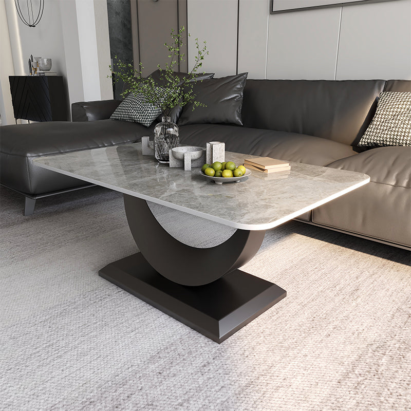 Glam Stone Coffee Table with Steel Pedestal Base and Rectangle Top