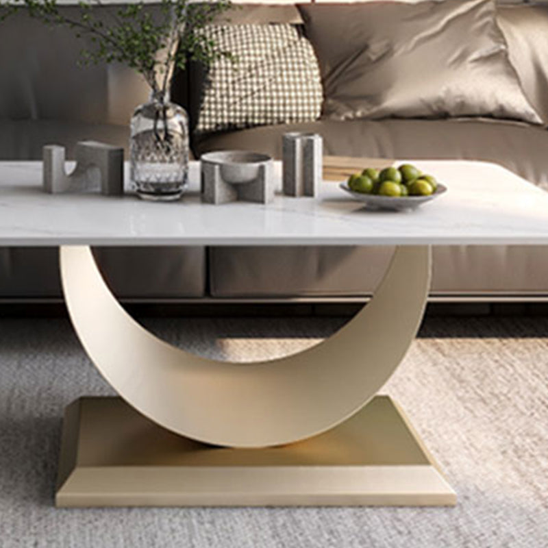 Glam Stone Coffee Table with Steel Pedestal Base and Rectangle Top