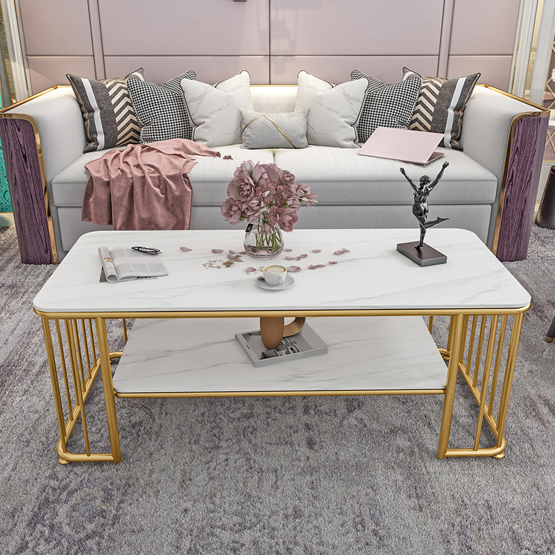 Glam Rectangle Coffee Table with Golden Frame Base and Storage Shelf
