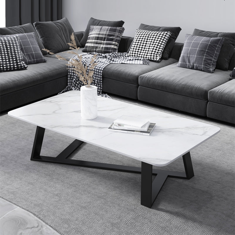 Glam Rectangle Stone Top Cocktail Table with Black Iron Cross Leg