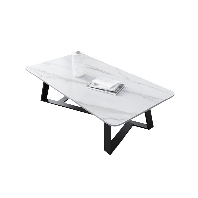 Glam Rectangle Stone Top Cocktail Table with Black Iron Cross Leg