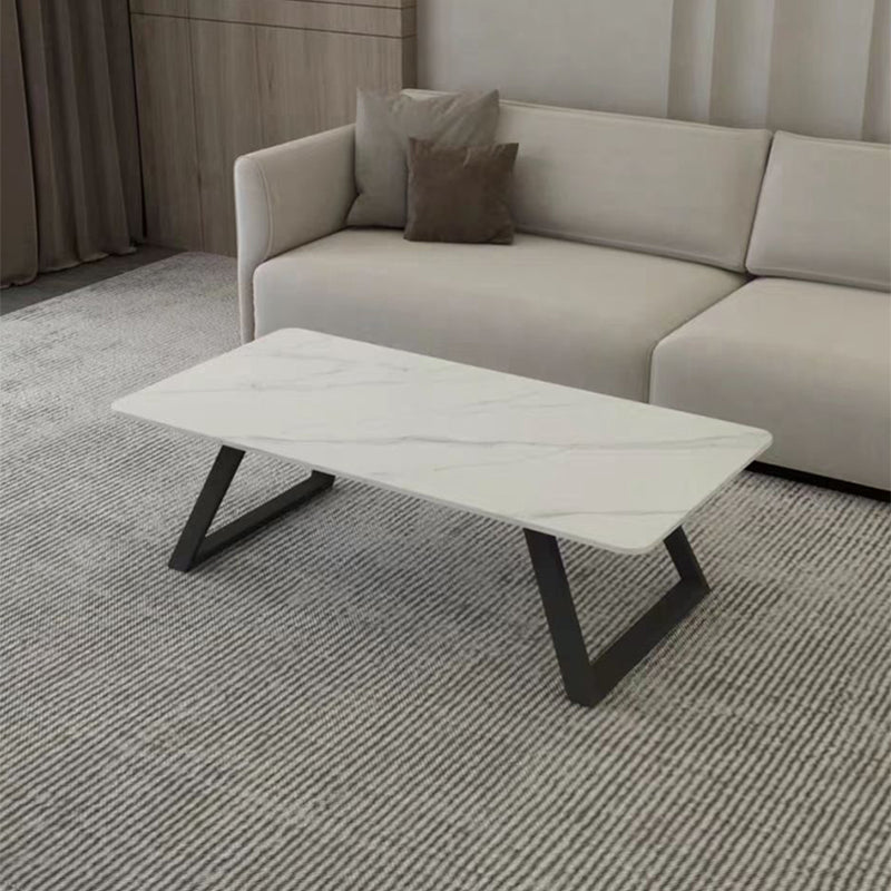 Glam Coffe Table with Rectangle Stone Top and Sled Iron Legs