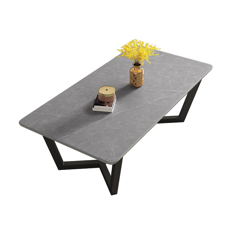 Glam Style Rectangular Slate Table with Trestle Shaped Base Design Coffee Table