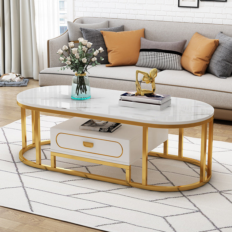Oval Tempered Glass Frame Base Design Modern Style Coffee Table with Drawers