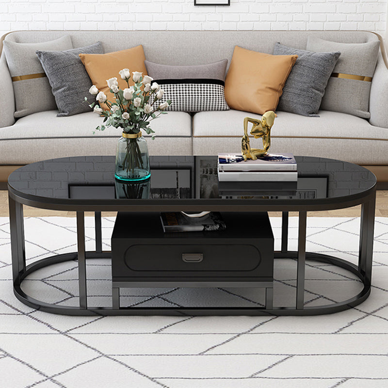 Oval Tempered Glass Frame Base Design Modern Style Coffee Table with Drawers