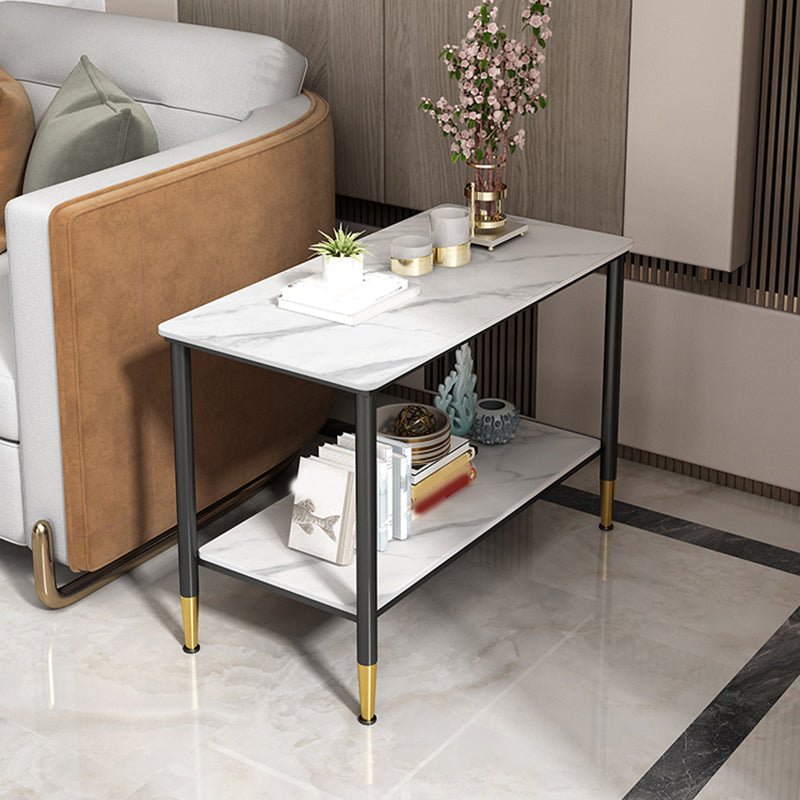 Rectangular Stone 4 Legs Side Table 21.65 Inch Tall One-Shelf End Table